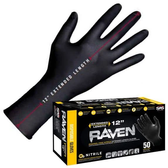 SAS Safety SAS Raven 7 Mil Disposable Nitrile Gloves Extra Strength - 12" Extended Cuff - (Box Of 50) 66577 1 SAS Safety SAS Raven 7 Mil Disposable Nitrile Gloves Extra Strength - 12" Extended Cuff - (Box Of 50) 66577